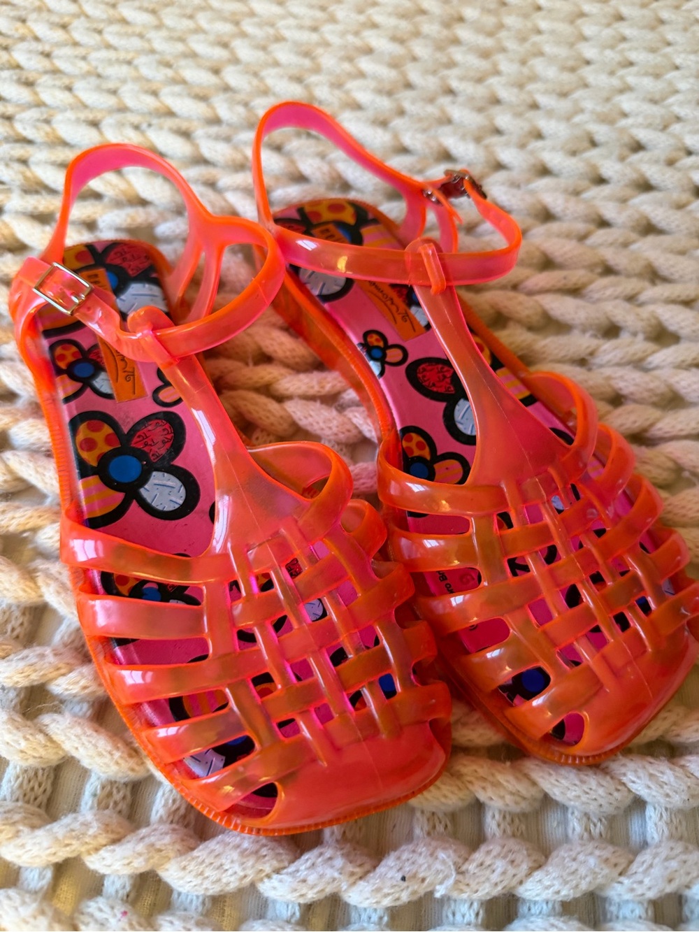 Melissa Kids Neon Orange Jelly Sandals with Floral Insole